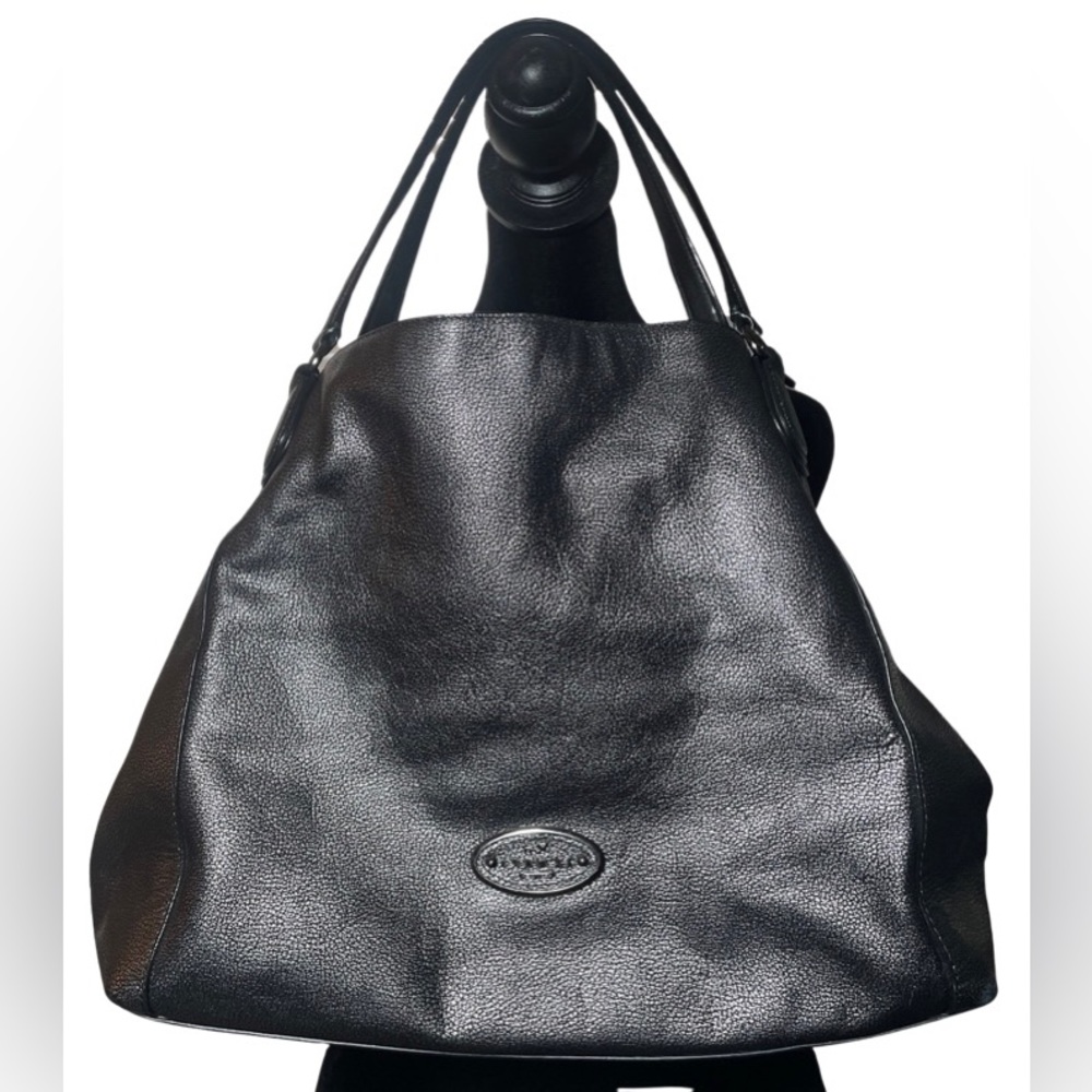 COACH EDIE Pebbled Gunmetal Silver Metallic Leather Shoulder Bag $395 Turn Lock